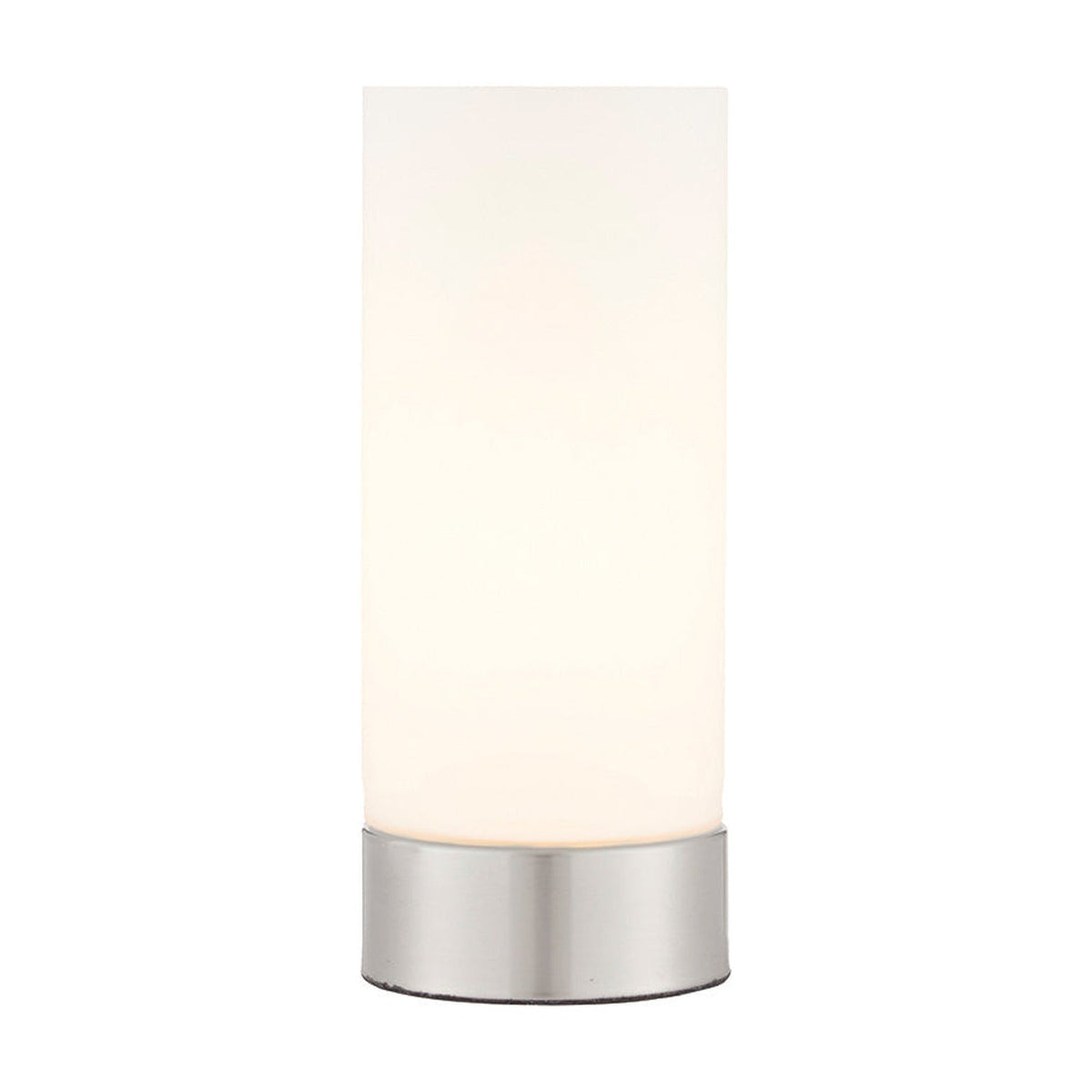 Endon Bracewell compact table lamp with brushed nickel base and matt opal glass cylindrical shade, shown against a plain white background.