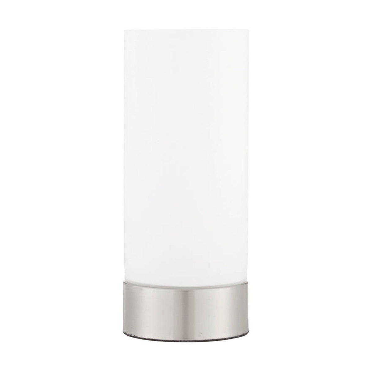 Endon Bracewell table lamp with a matt opal glass cylindrical shade and brushed nickel base, shown on a plain white background.