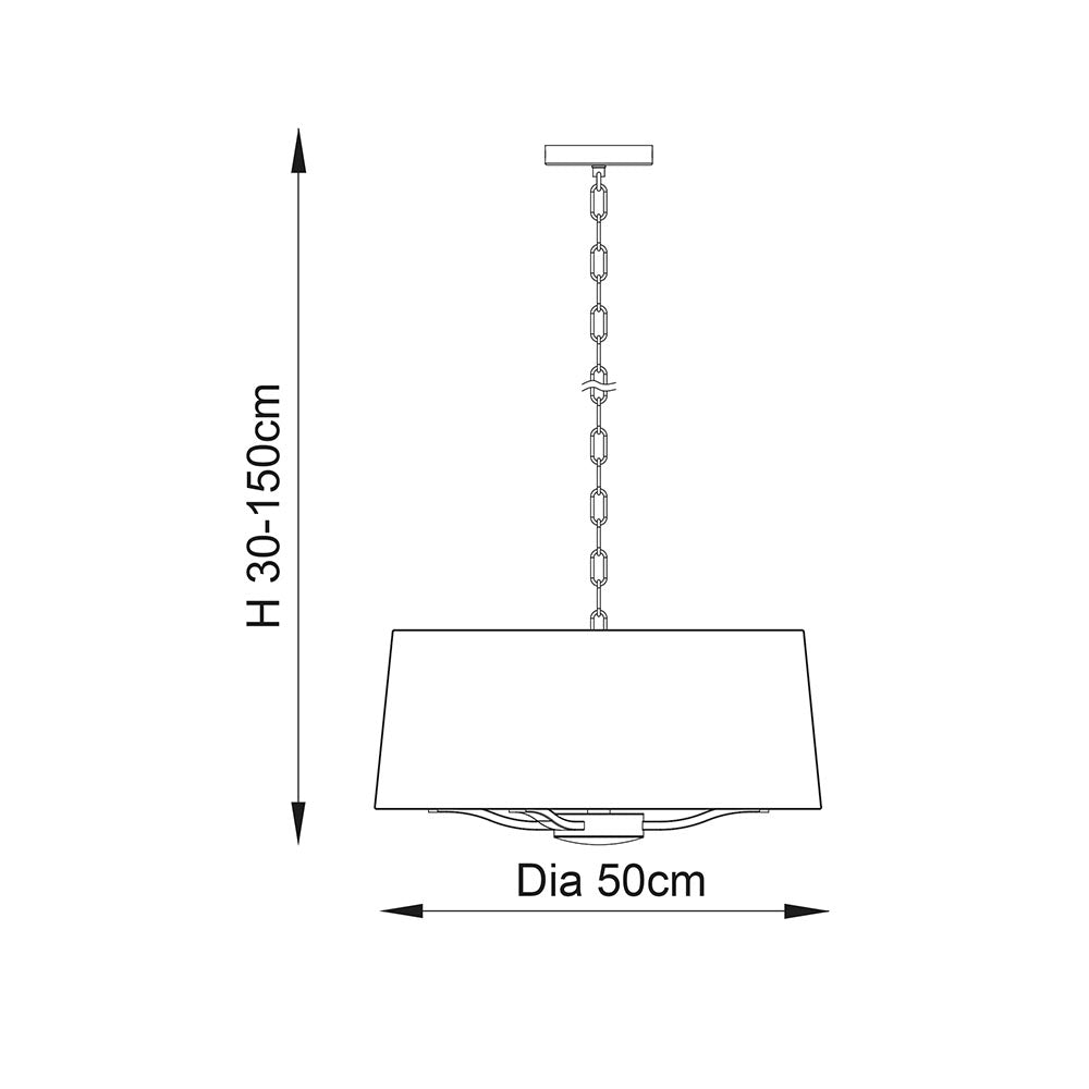 Dimension diagram of Endon Brendale 3 Light Pendant showing 30-150cm adjustable height and 50cm shade diameter on a white background.