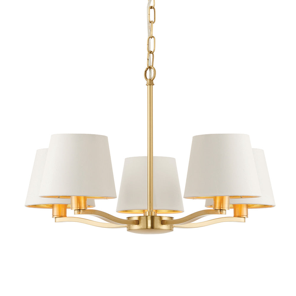 Brendale 5 Light Pendant in satin gold with tapered white faux silk shades and gold inner linings, adjustable chain drop, shown on a plain white background.