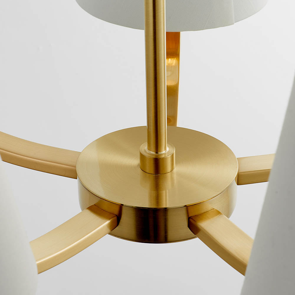 Close-up of the Brendale 5 Light Pendant's satin gold frame, showing central rod, curved arms, and white fabric shades against a plain background.