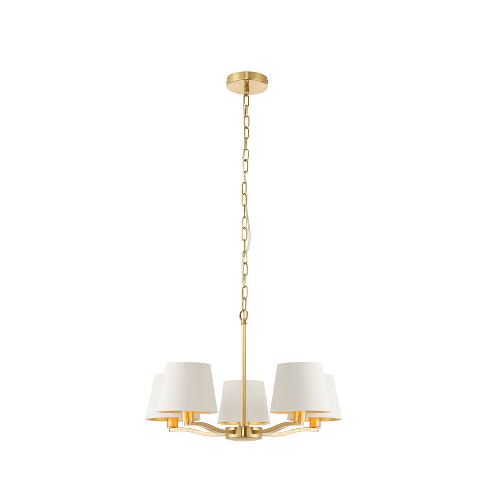 Brendale 5 Light Pendant in satin gold with white faux silk shades and gold inner lining, on a long chain suspension, plain white background.