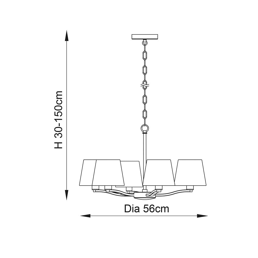 Technical line drawing of the Brendale 5 Light Pendant in satin gold, showing adjustable chain drop 30-150cm and 56cm shade diameter.