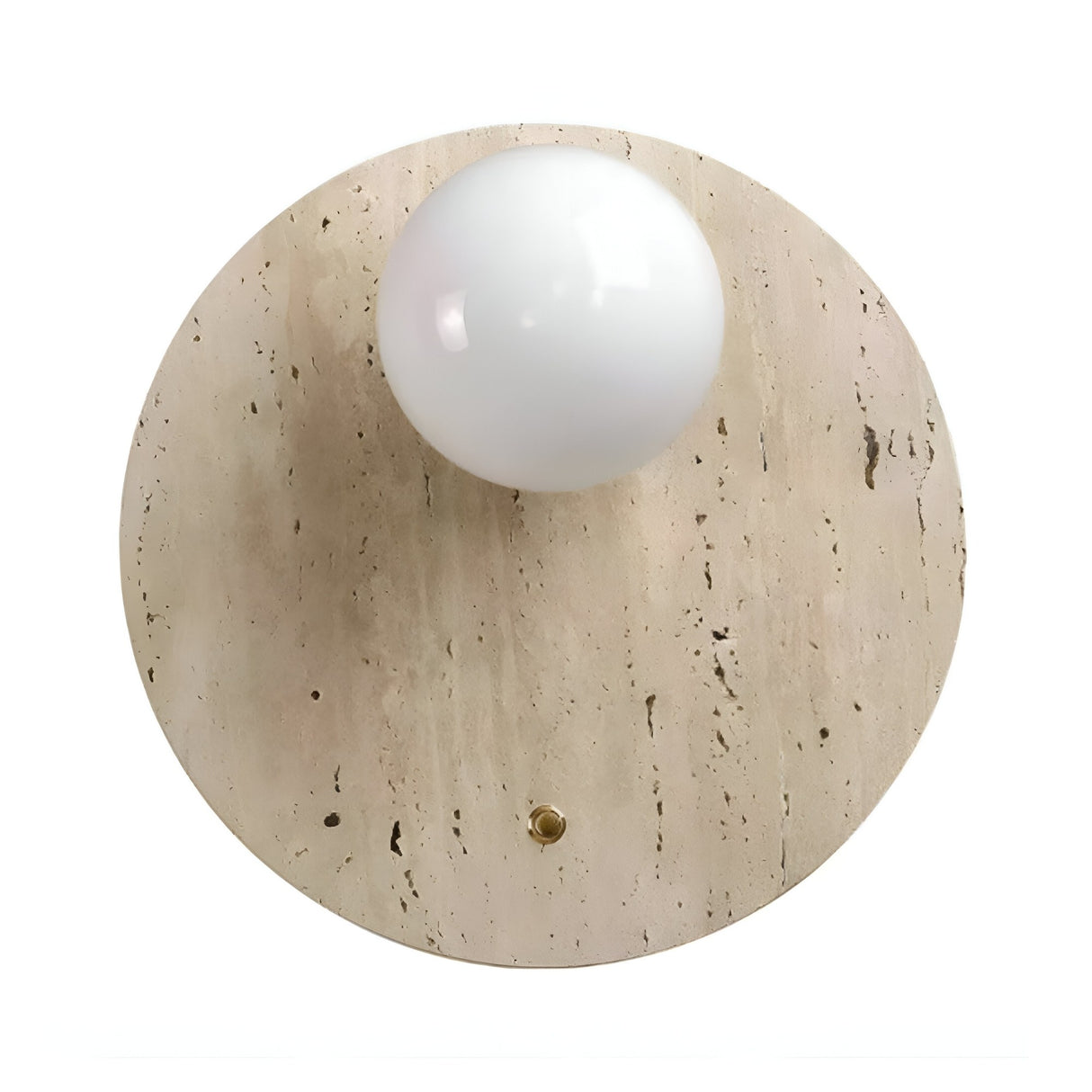 The Serano 1 Light Disc Travertine Wall Light in light beige features a round, smooth travertine surface with a central white glass globe and a small brass accent, offering elegant natural stone lighting.