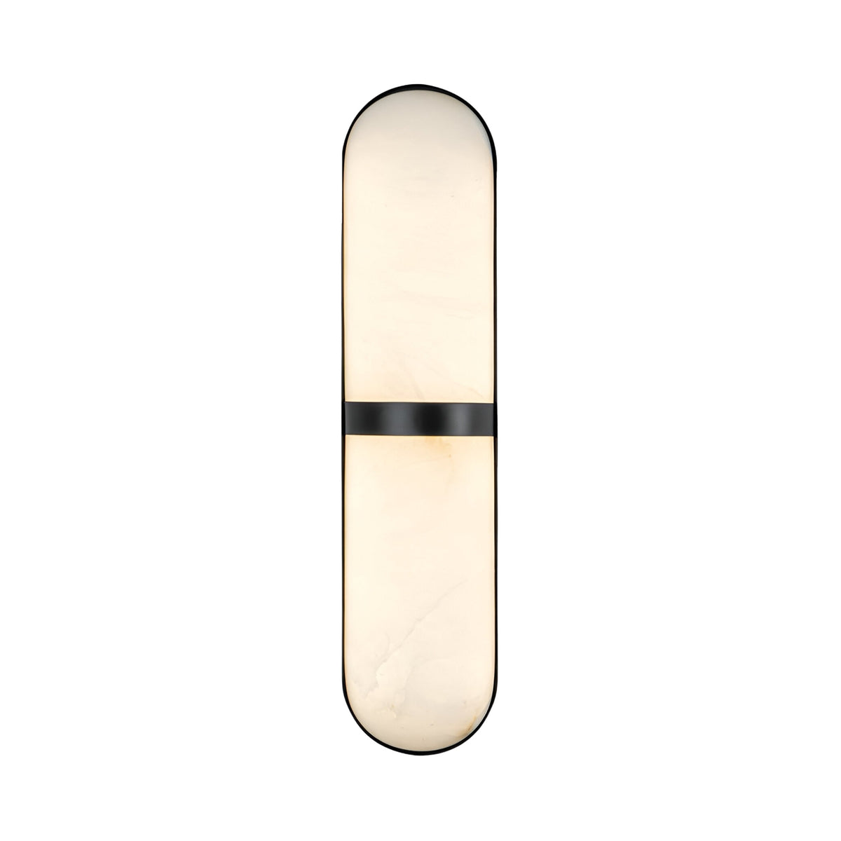 The Zantari LED Cylinder Alabaster Wall Light features an elongated oval shape, diffused soft white light, rounded ends, and a matte black accent band—all crafted from refined Spanish alabaster.