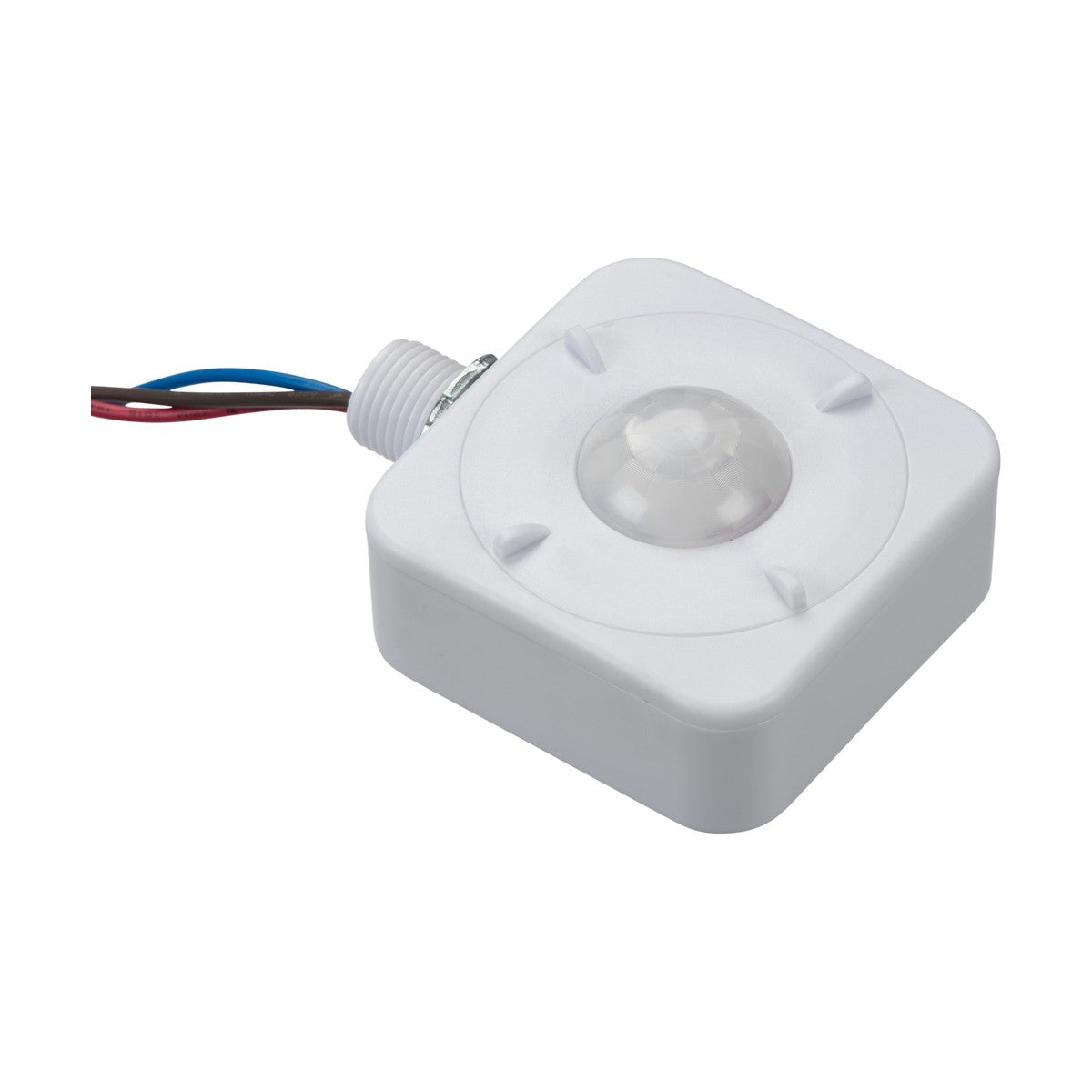 The 360° PIR Sensor for LWB Range is a square, white device featuring a central round, domed lens. It has red, blue, and black wires extending from the back and includes a lux level adjustment feature. The sensor is designed for ceiling or wall mounting.