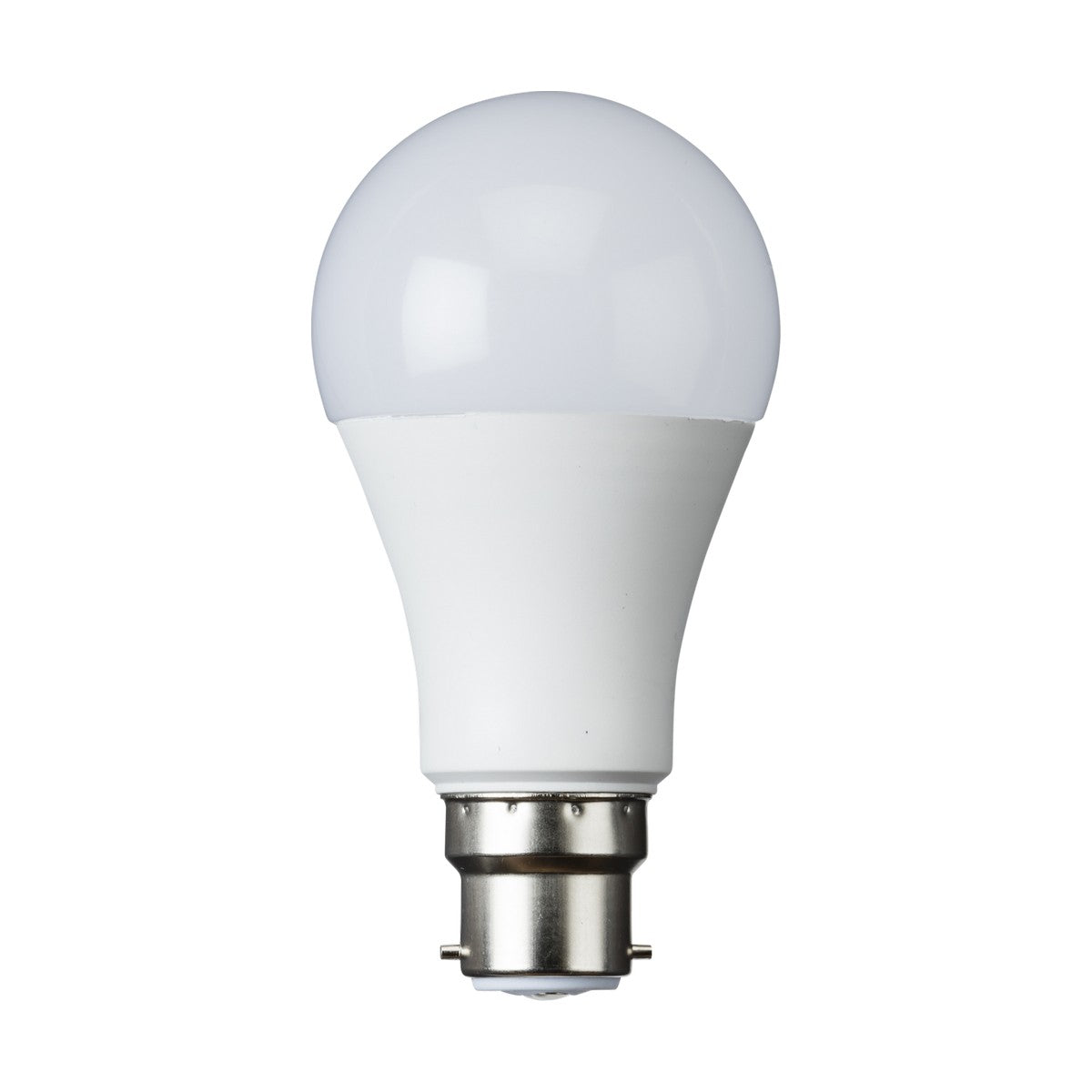 A single 9W B22 LED RGB & CCT GLS Bulb with a white frosted dome and metallic base stands upright against a plain white background.
