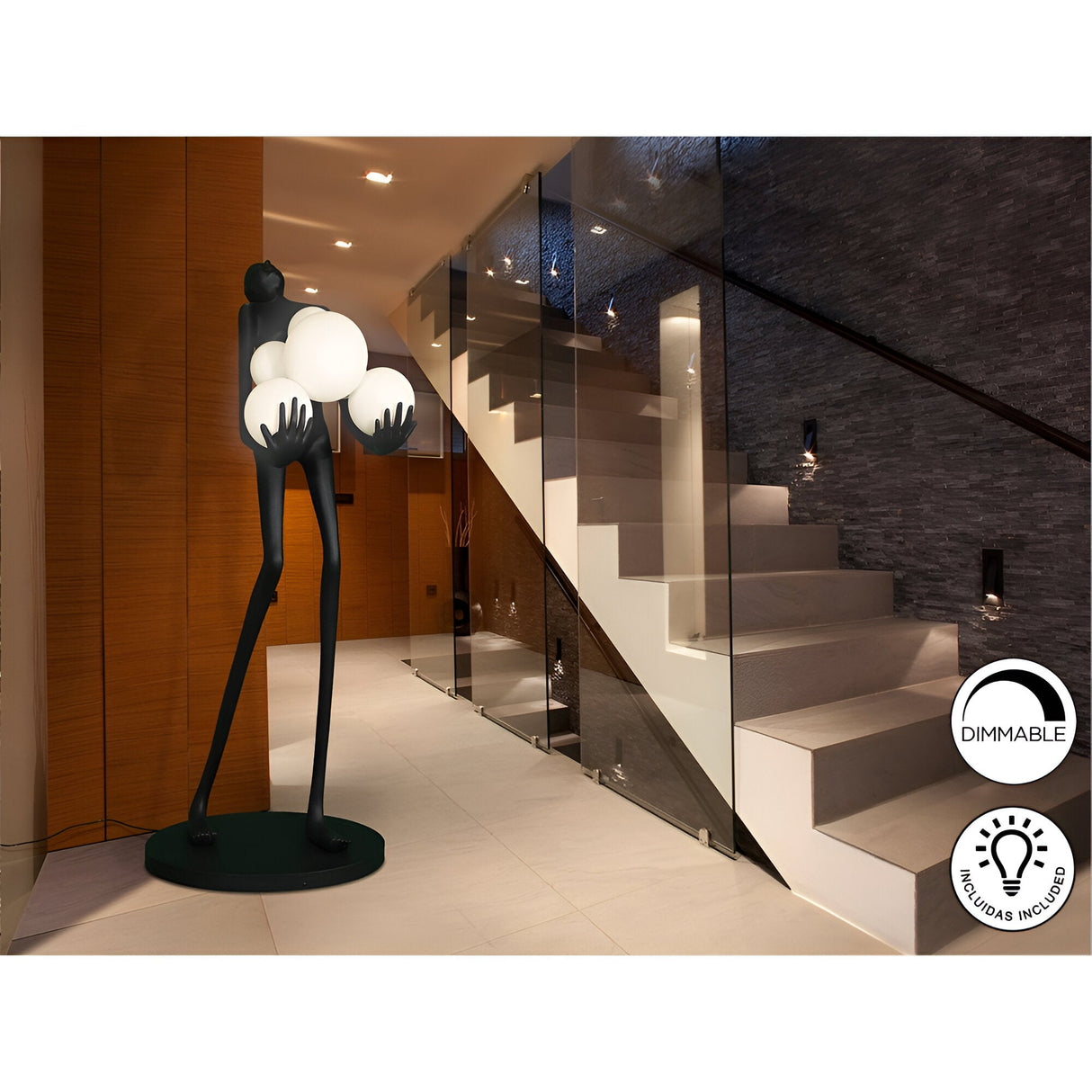 La Carga Black 6 LED Light Lamp Sculpture With Opal Shades - 180cm