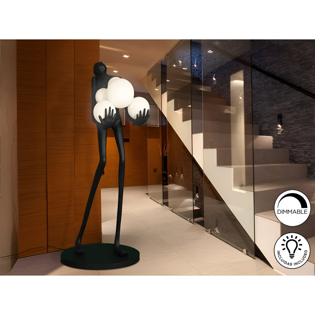 La Carga Black 6 LED Light Lamp Sculpture With Opal Shades - 180cm