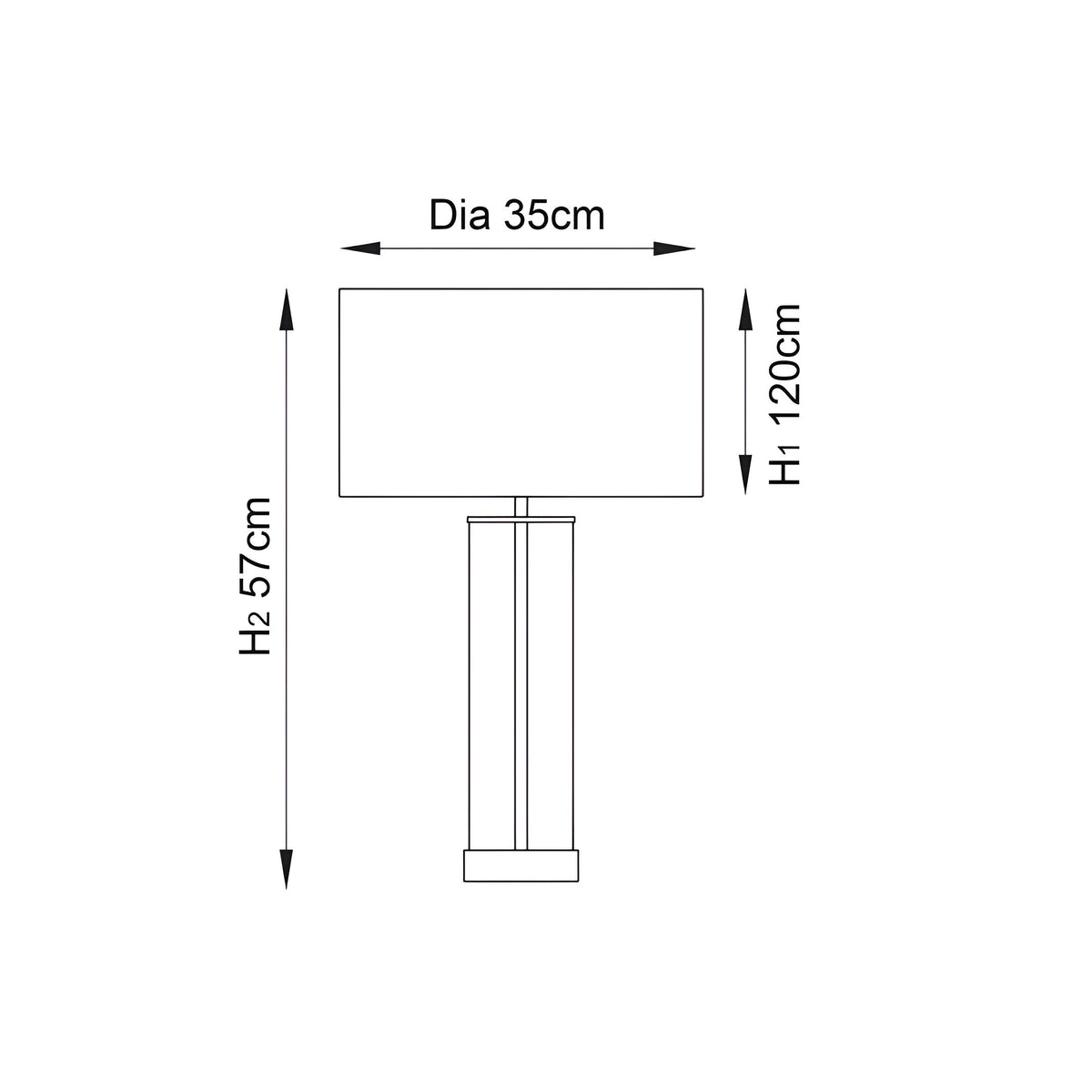 Dimension diagram of the Endon Caldley table lamp showing a 35cm shade diameter, 12cm shade height, and 57cm total height on a white background.