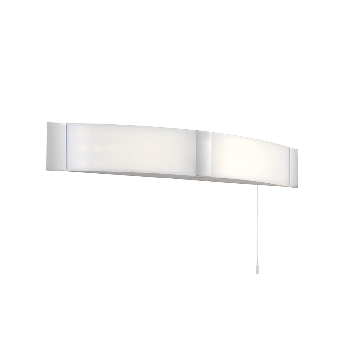 Endon Castmont LED bathroom shaver light with curved opal polycarbonate shade, chrome end panels and pull cord switch, on a white background.