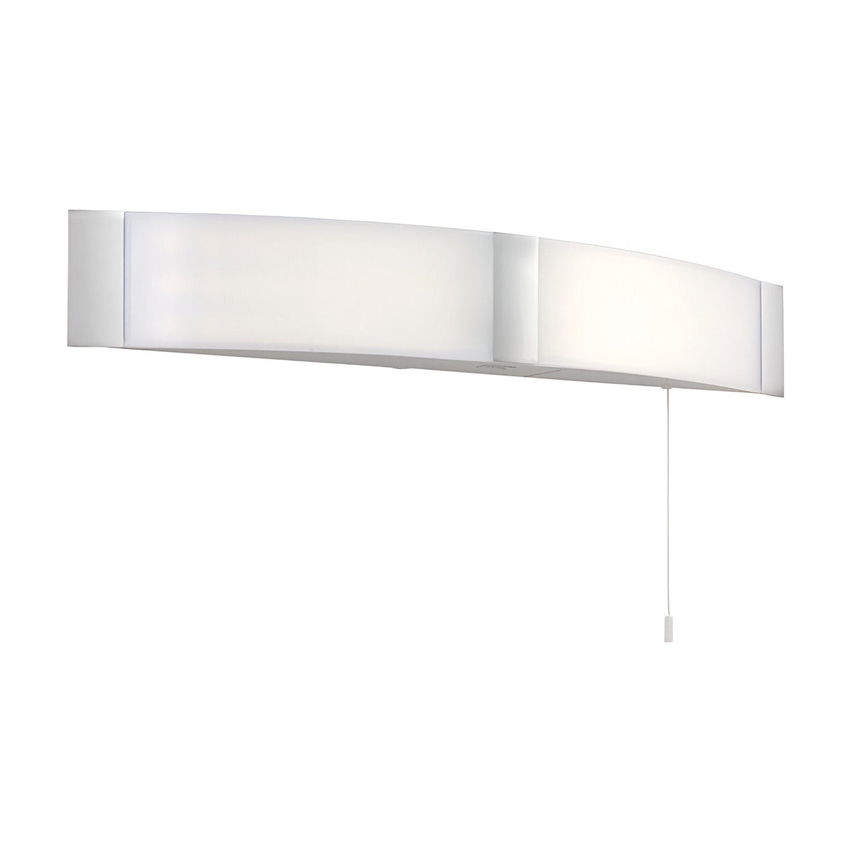 Endon Castmont LED bathroom shaver light with curved opal polycarbonate shade, chrome end panels and pull cord switch, on a white background.