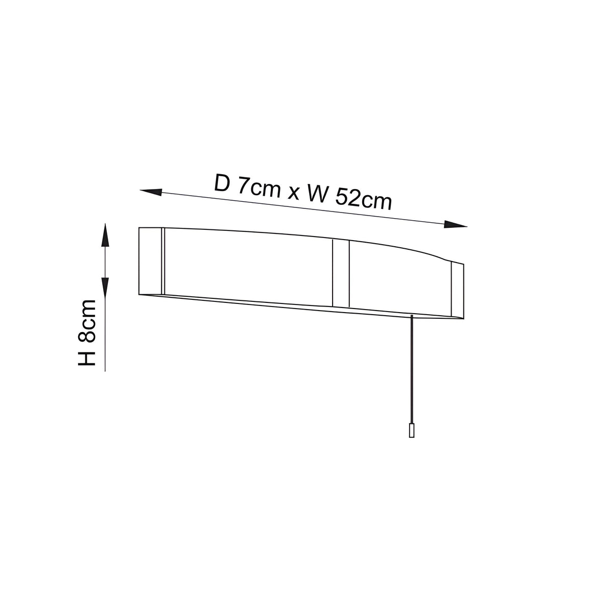 Dimension diagram of the Endon Castmont LED bathroom shaver light showing a linear wall fixture measuring 52cm wide, 8cm high and 7cm deep.