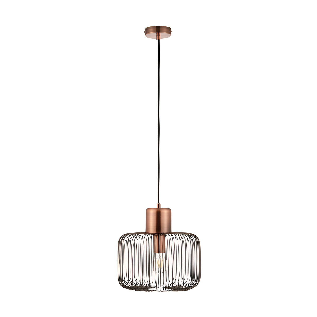 Castdale Cage Pendant in antique copper finish, single-light fixture with open wire cage shade on black flex, shown against a plain white background.