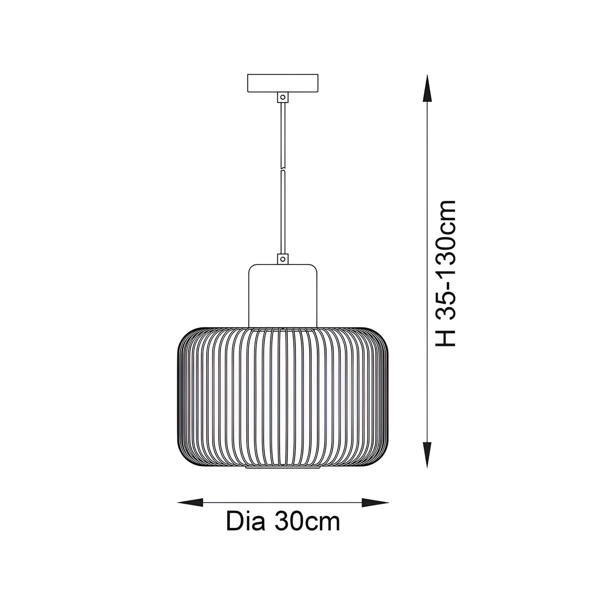 Line drawing of the Castdale Cage Pendant in antique copper, showing a cylindrical cage shade, adjustable rod, and ceiling plate, 30cm dia, 35-130cm height.