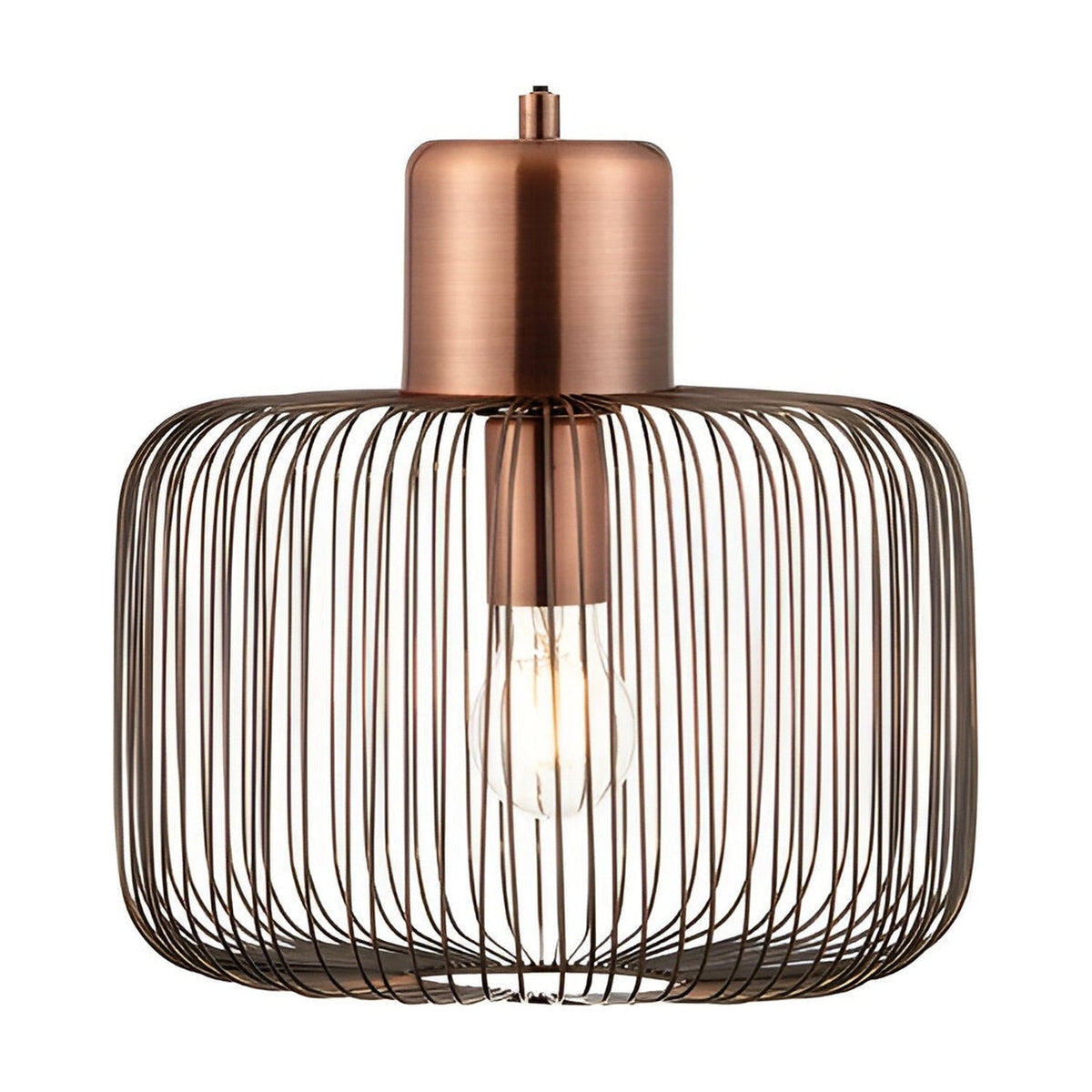 Castdale Cage Pendant in antique copper with a single-light open wire cage shade and exposed bulb, shown on a black flex against a plain white background.