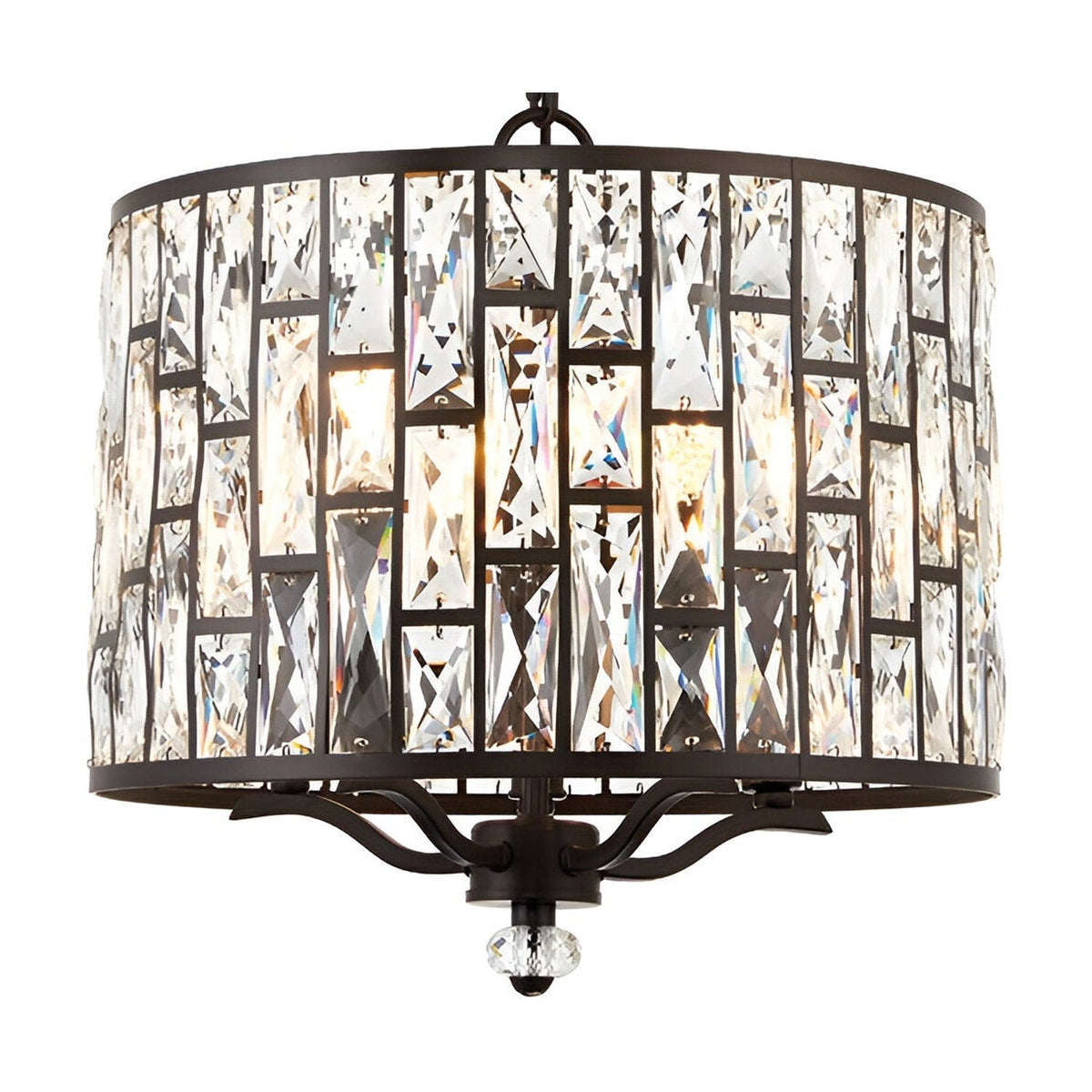 Endon Aldwick 5 light pendant in dark bronze finish with tiered faceted crystal drum shade suspended from a chain, shown on a plain white background.