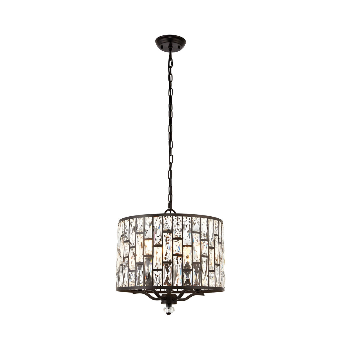 Endon Aldwick 5 light pendant in dark bronze with tiered faceted K5 glass crystal drum shade and chain suspension, shown on a plain white background.