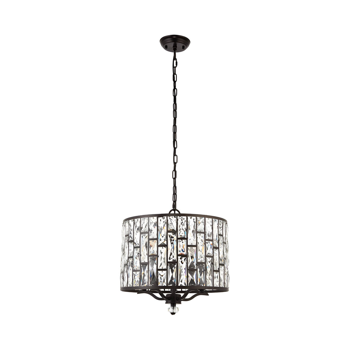 Endon Aldwick 5 light pendant in dark bronze finish with tiered faceted glass crystals in a drum shade, suspended from a chain on a white background.