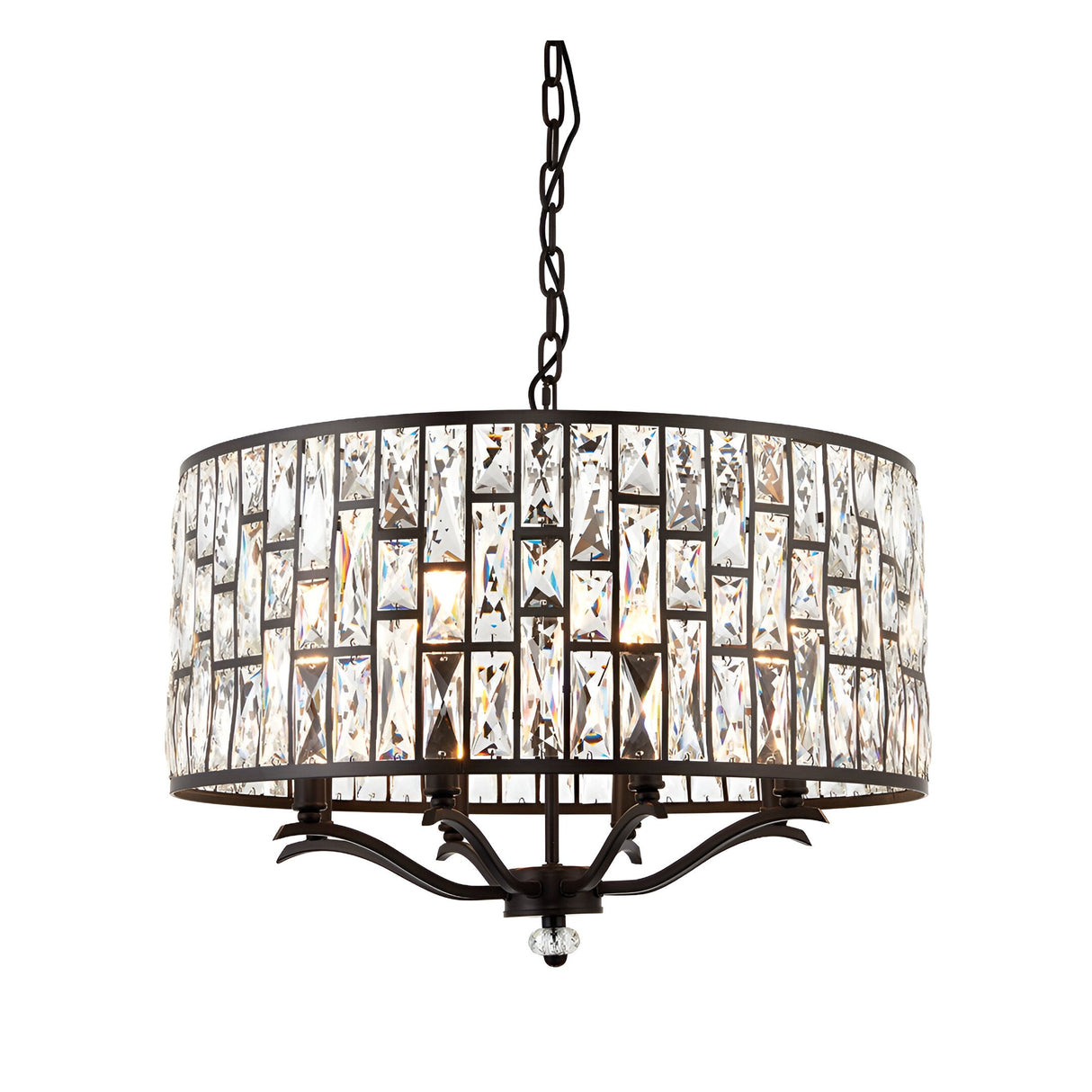 Endon Aldwick 8 light pendant in dark bronze with a tiered drum shade of faceted clear K5 crystals, suspended from a chain on a white background.