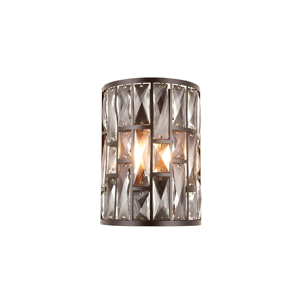 Endon Aldwick wall light with tiered faceted clear crystals set in a dark bronze cylindrical frame, illuminated by a single E14 bulb, on a white background.