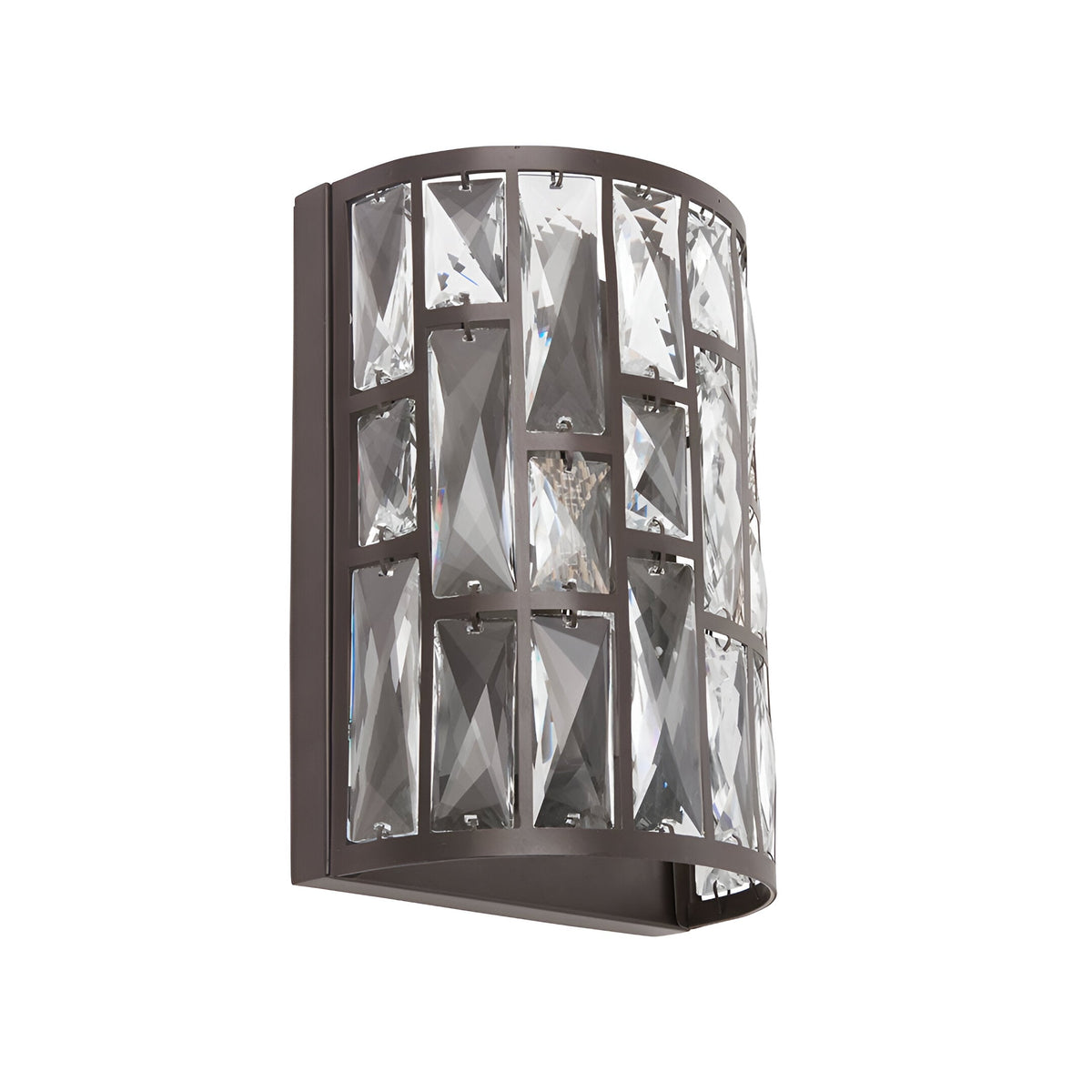 Endon Aldwick 1-light wall fixture with tiered faceted clear crystals set in a curved dark bronze frame, shown on a plain white background.
