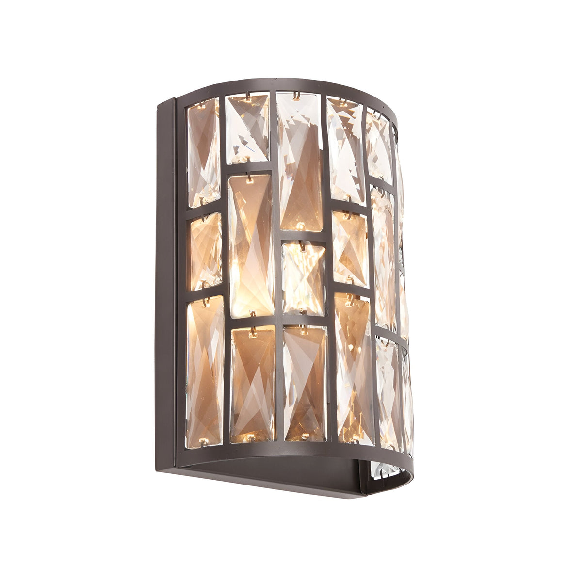Endon Aldwick wall light with tiered faceted clear crystals set in a curved dark bronze frame, single E14 lamp, shown on a plain white background.