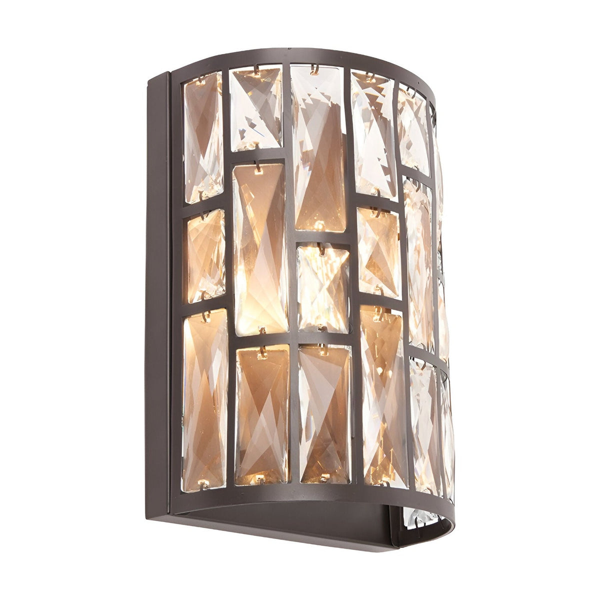 Endon Aldwick wall light with tiered faceted clear crystals set in a curved dark bronze frame, single E14 lamp, shown on a plain white background.