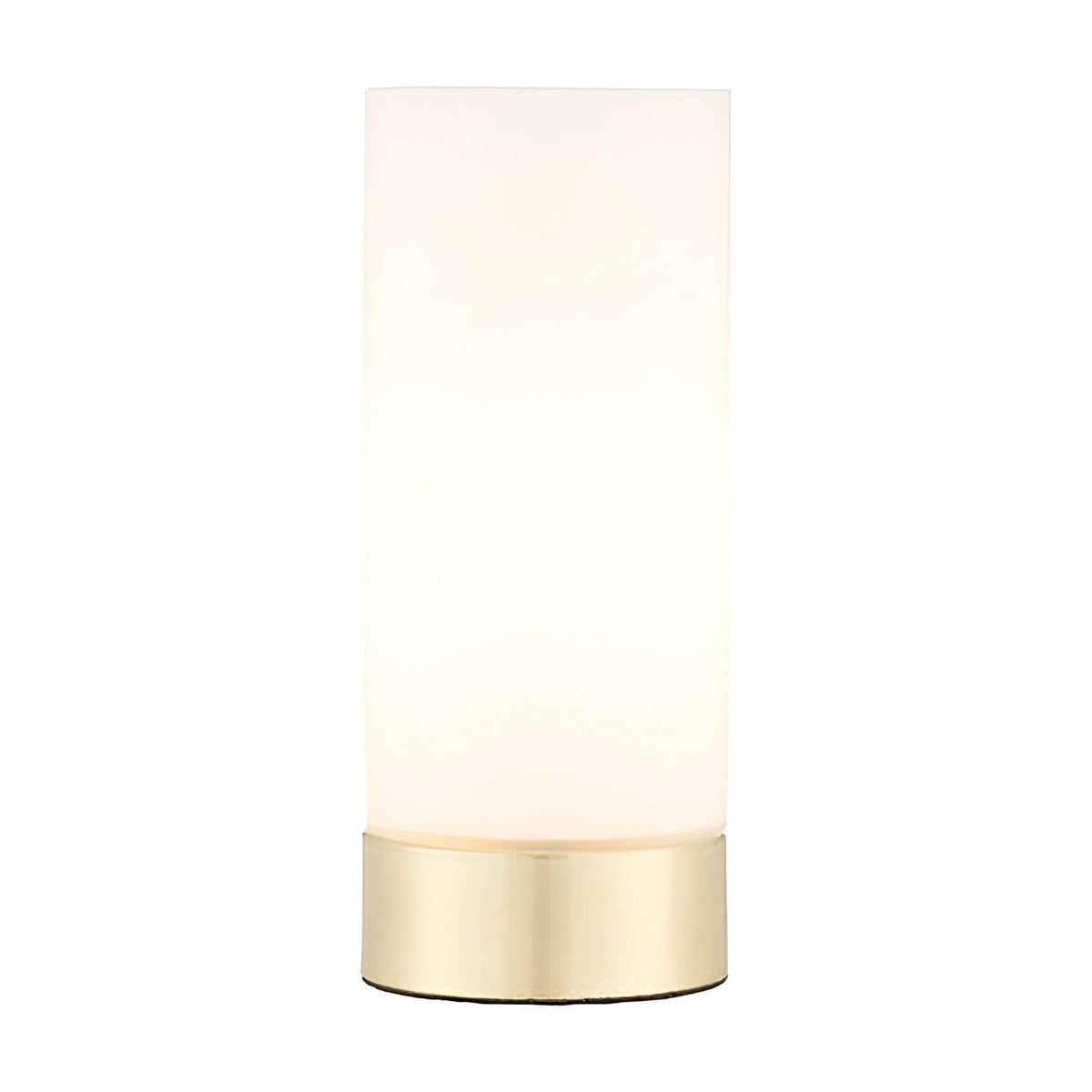 Endon Bracewell compact table lamp with matt opal glass cylindrical shade and brushed brass base, shown on a plain white background.