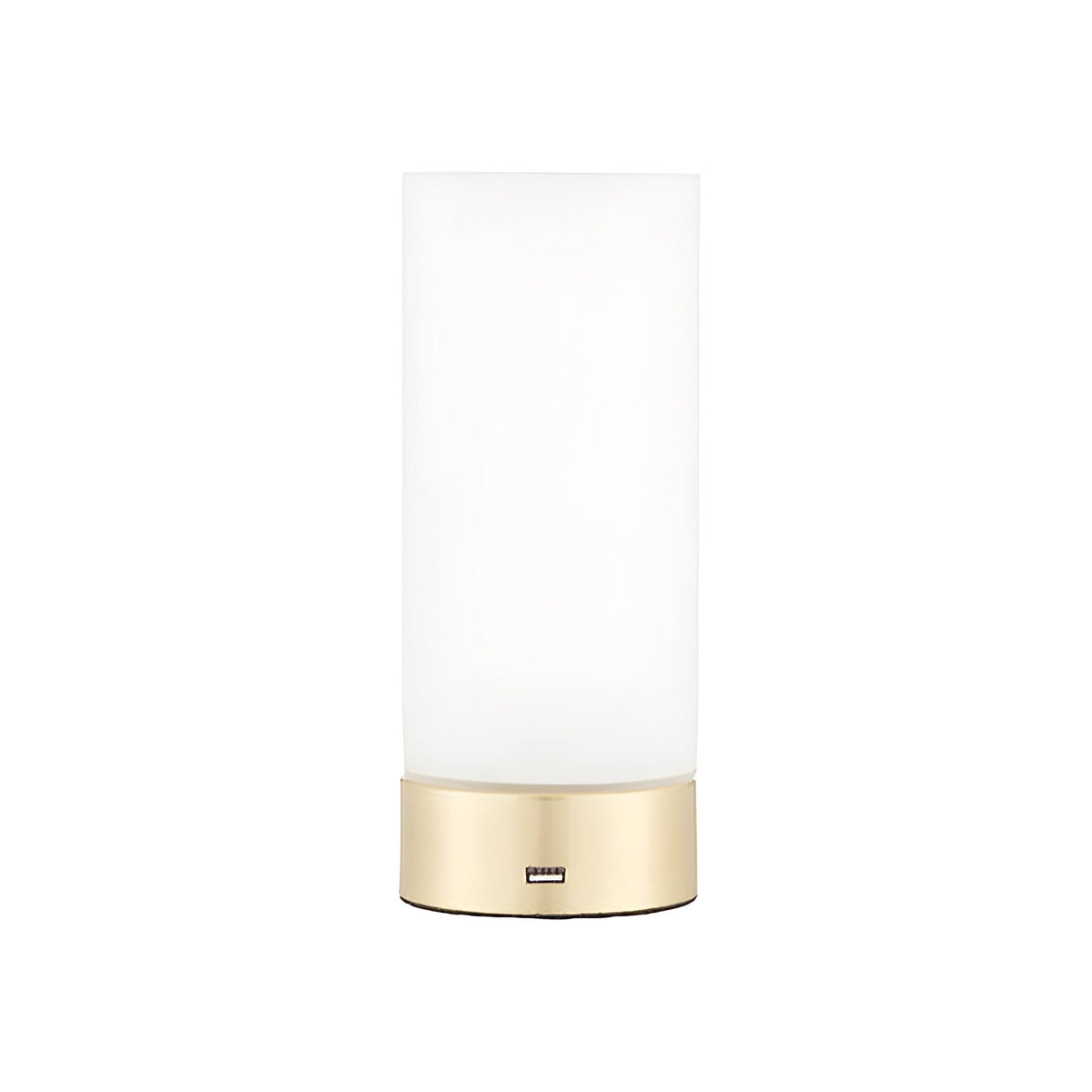 Endon Bracewell small table lamp with matt opal glass cylindrical shade, brushed brass base and integrated USB port, shown on a plain white background.