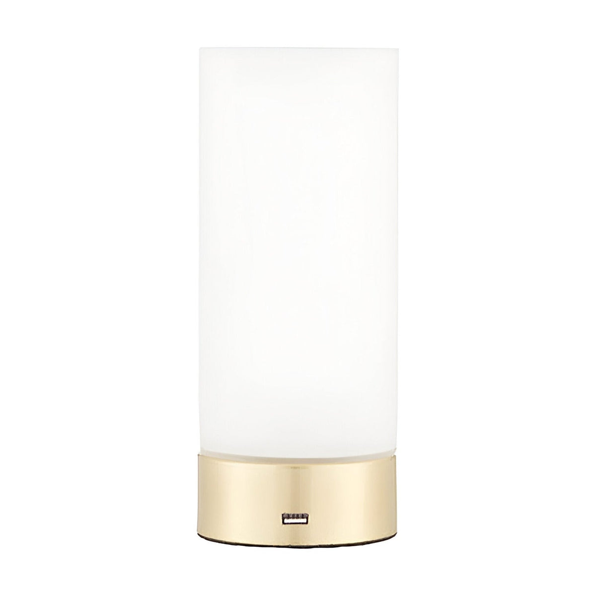Endon Bracewell small table lamp with matt opal glass cylindrical shade, brushed brass base and integrated USB port, shown on a plain white background.
