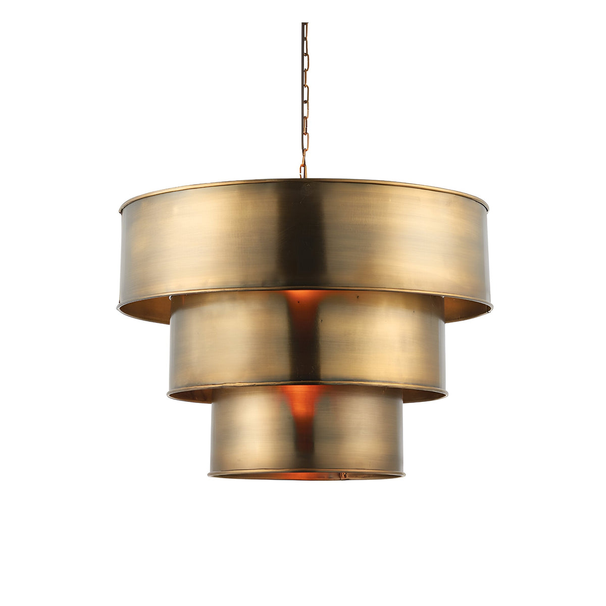 Endon Carlwick tiered pendant light in antique brass, three stacked cylindrical steel shades suspended from a metal chain on a white background.