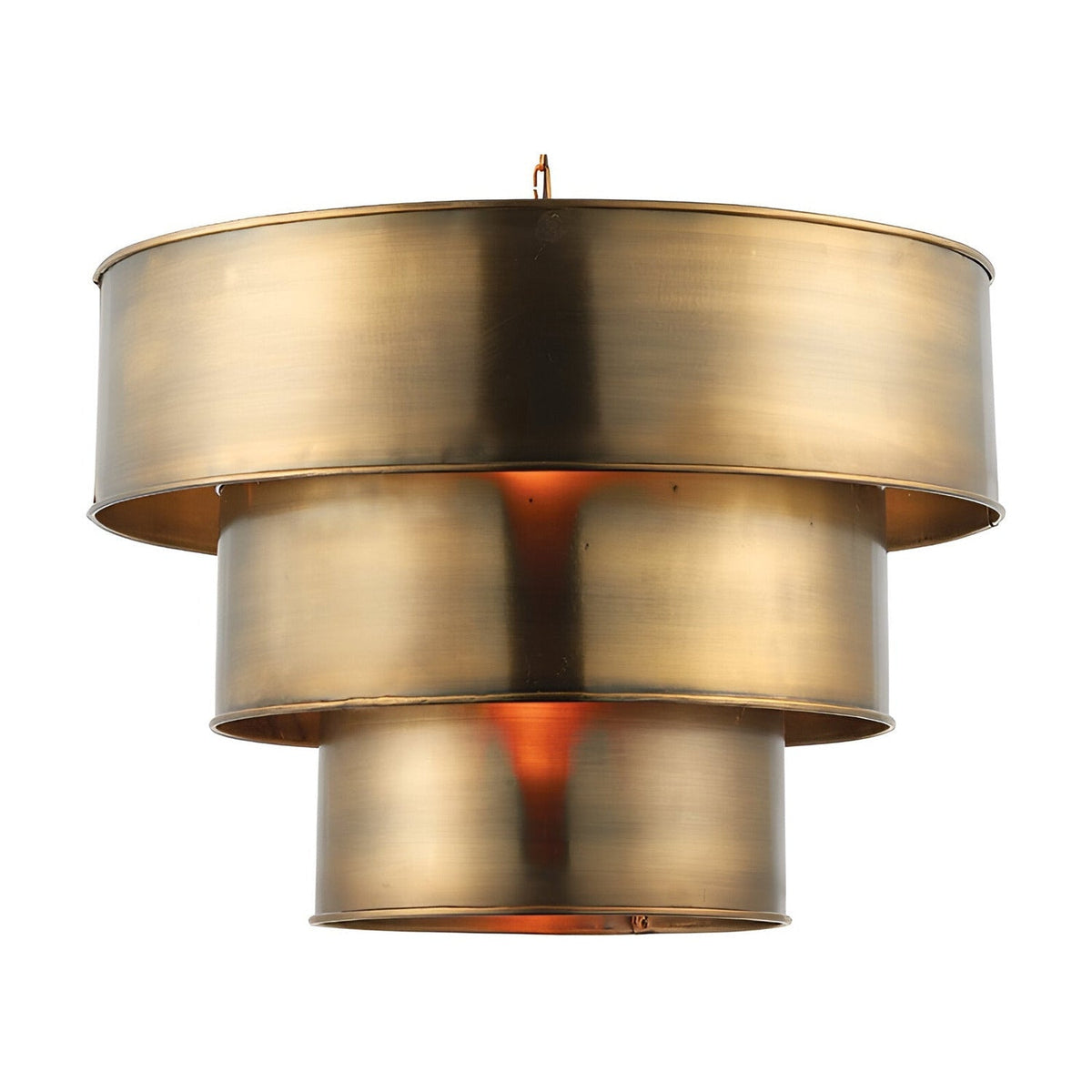 Endon Carlwick tiered pendant light in antique brass, three stacked cylindrical steel shades suspended from a metal chain on a white background.