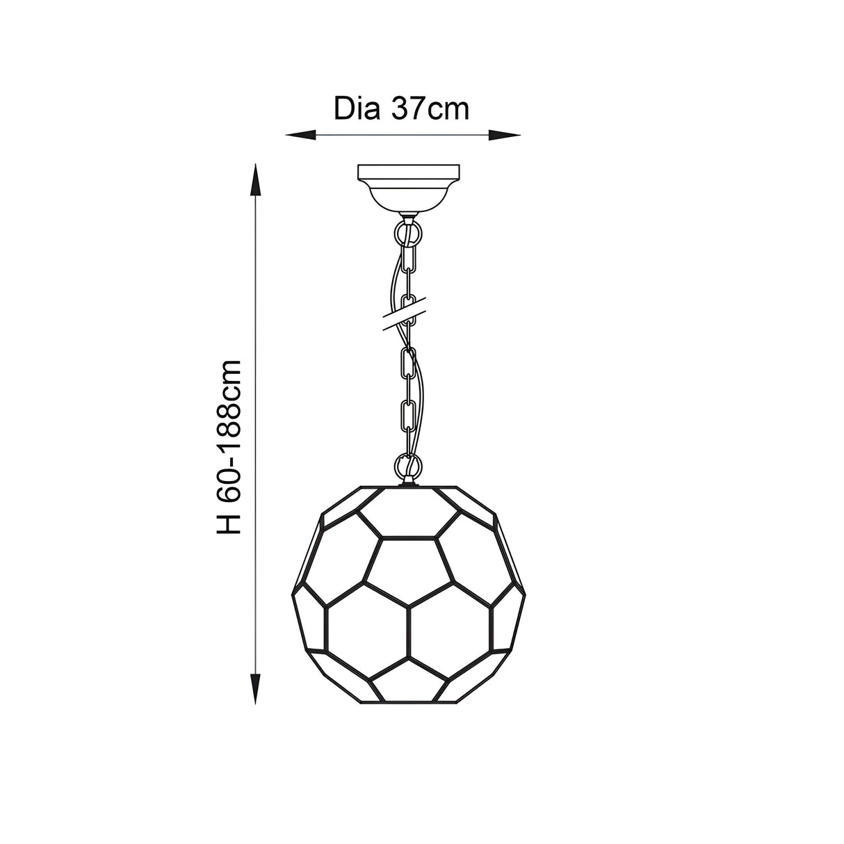 Dimension diagram of the Endon Carldon hexagonal pendant showing a 37cm diameter shade and adjustable 60-188cm drop on a chain suspension.