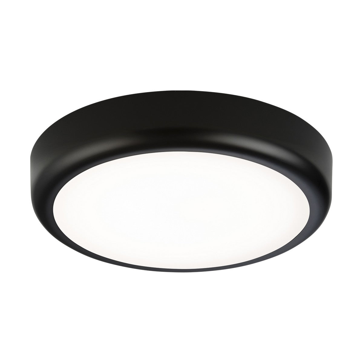 The 9W Outdoor CCT LED Bulkhead in black is a round, ceiling-mounted luminaire featuring a sleek matte finish. At its center is a diffused white light panel engineered for consistent illumination and optimal energy efficiency.