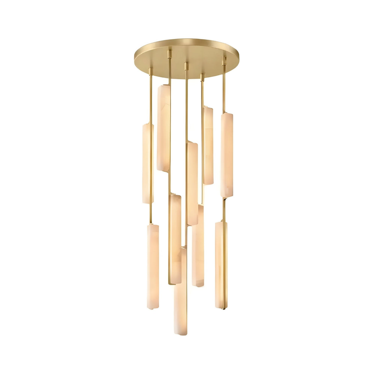 Niori Selvara 10 Light Alabaster Cluster Chandelier in brushed brass with slim white alabaster bars suspended at staggered heights from a round canopy.