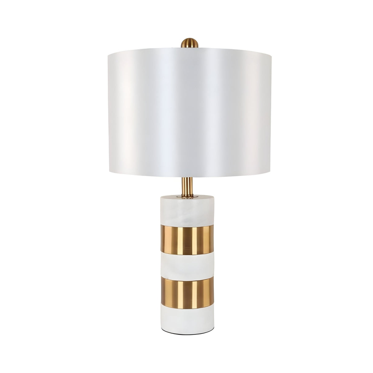 The Arvella 1 Light Striped Marble Table Lamp in white and gold features a cylindrical base and a large white drum shade, adding modern elegance to any room.