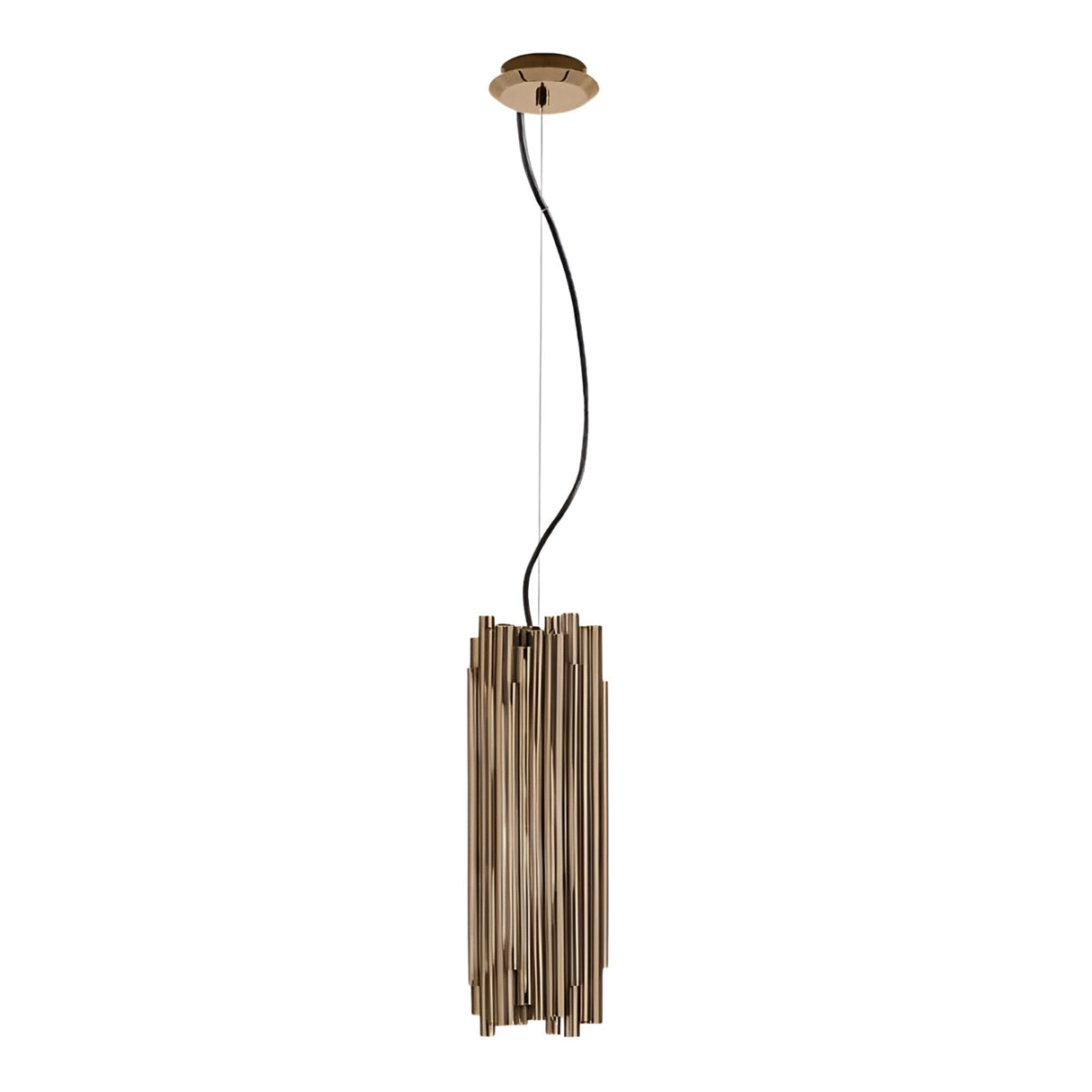 The Aurelio 6 Light Brass Pendant - Gold features a modern cylindrical shade made of vertical metal rods, suspended by a black cable—an ideal minimalist lighting solution for any space.