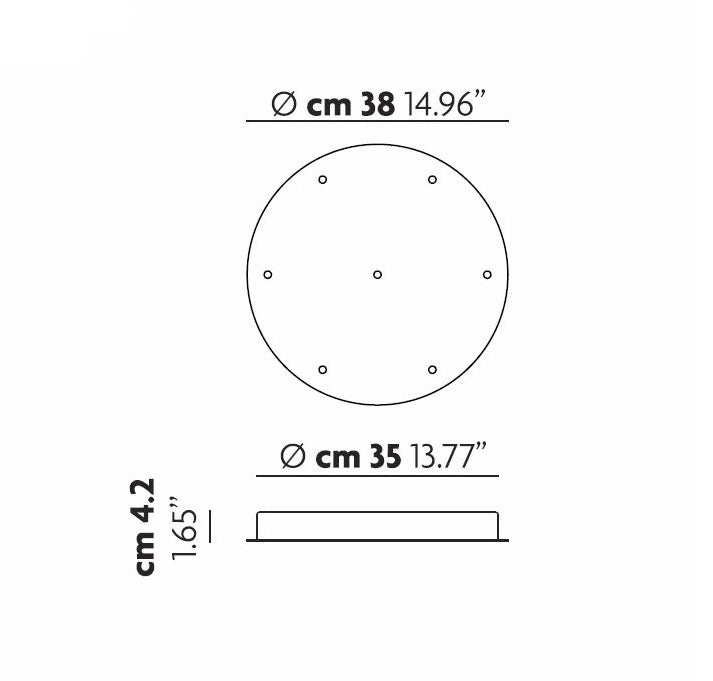 Illustration of a circular object resembling the Cluster 7 Light Round Canopy - White, with a top view diameter of 38 cm (14.96 inches) featuring six small circles. The side view displays a sturdy metal thickness of 4.2 cm (1.65 inches) and a reduced diameter of 35 cm (13.77 inches).