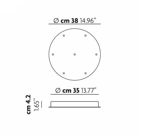 Illustration of a circular object resembling the Cluster 7 Light Round Canopy - White, with a top view diameter of 38 cm (14.96 inches) featuring six small circles. The side view displays a sturdy metal thickness of 4.2 cm (1.65 inches) and a reduced diameter of 35 cm (13.77 inches).