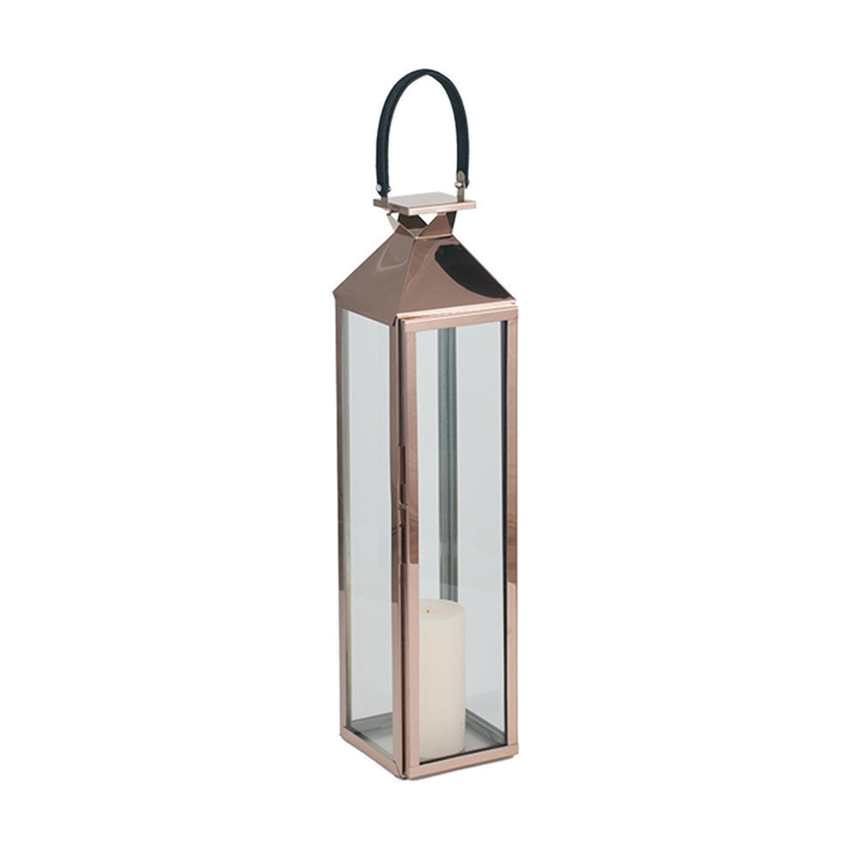 Copper stainless steel and glass medium lantern, 76cm tall, tapered pyramid top with black leather handle, clear glass panels and a pillar candle inside, on a plain white background.