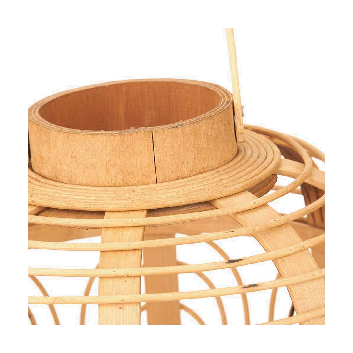 Close-up of the Natural Bamboo & Glass Small Lantern, 38cm, showing woven bamboo slats and a wooden ring insert with a glass panel, natural finish, on a plain white background.