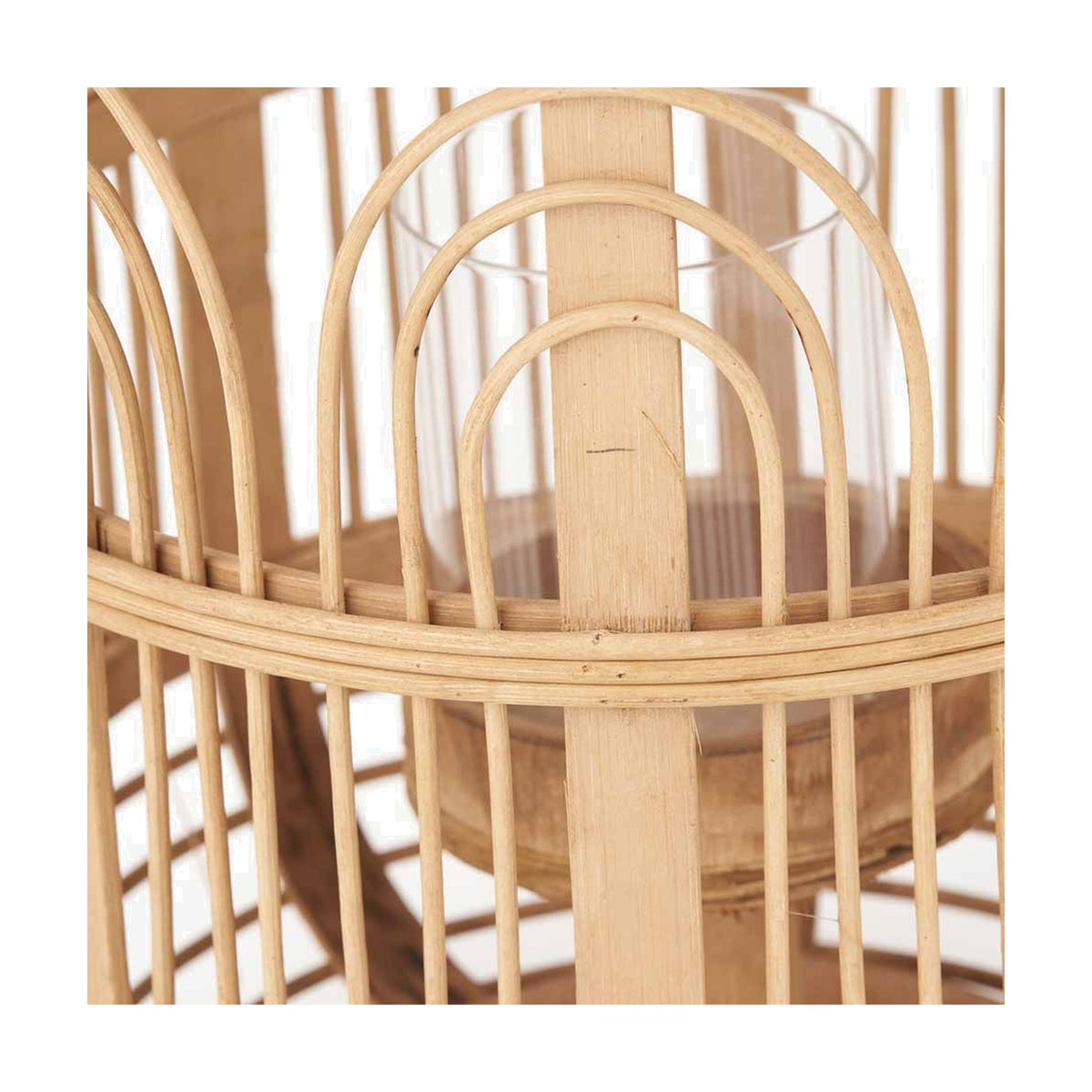 Close-up of the Natural Bamboo & Glass Small Lantern, 38cm, showing arched bamboo ribs framing a clear glass insert around a central wooden support.