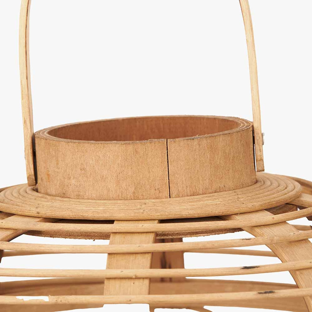 Close-up of the Natural Bamboo & Glass Small Lantern, 38cm, showing the woven bamboo base and inner wooden liner with looped handle, on a plain white background.