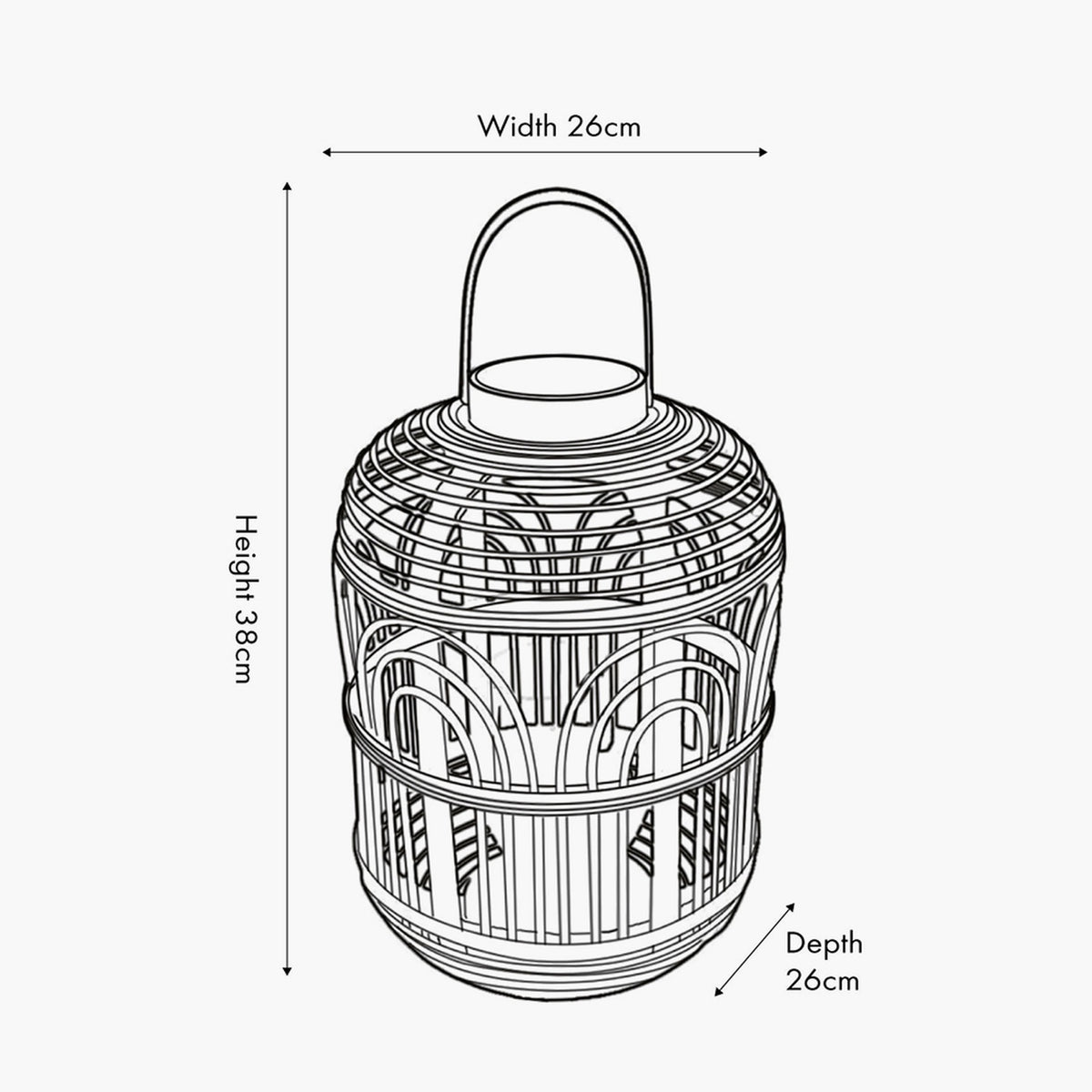 Natural bamboo candle lantern with arched carry handle and glass insert, domed woven body, 38cm tall, shown with dimensions on a plain background.