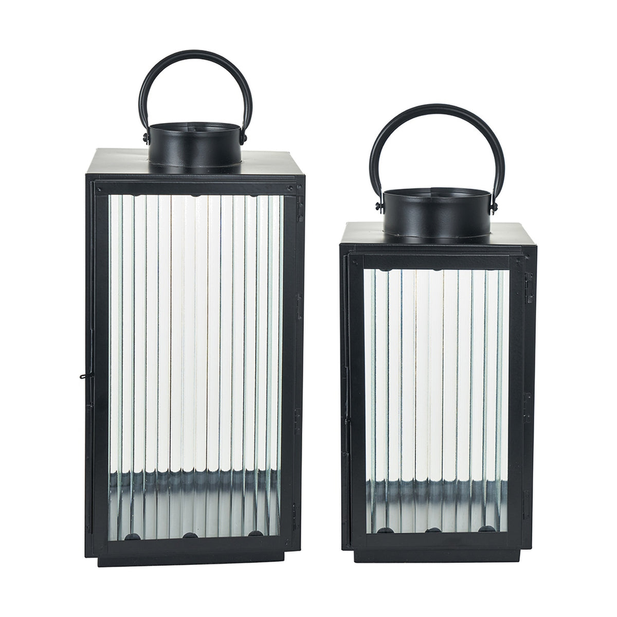 Set of 2 black iron candle lanterns with ribbed glass panels and top handles, in tall and short sizes, shown on a plain white background.