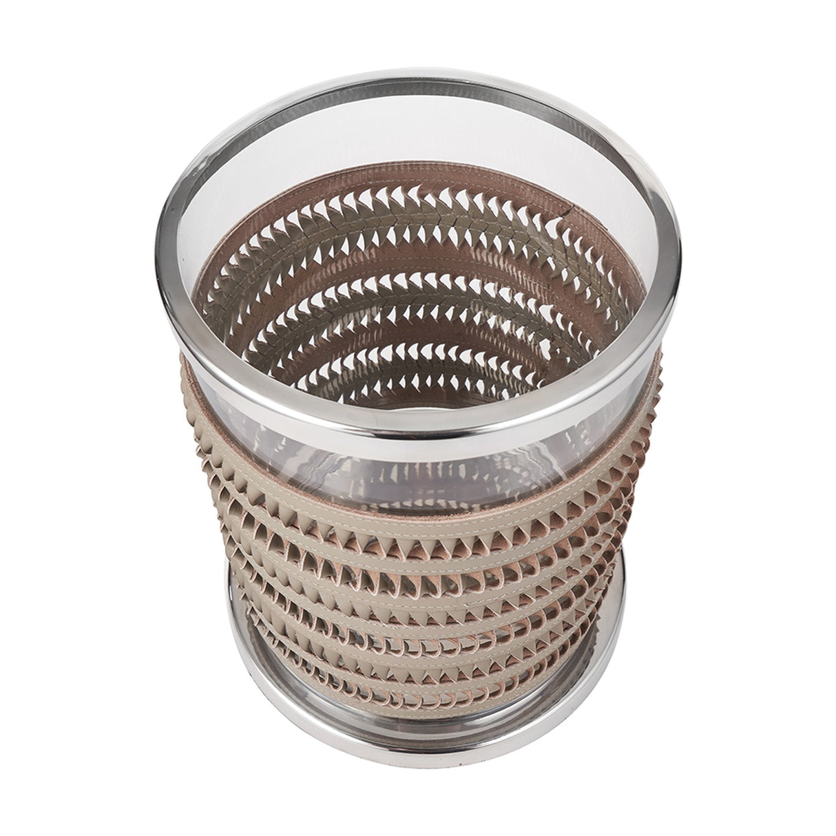 Silver Metal, Clear Glass & Grey Plaited Leather Small Hurricane Lamp