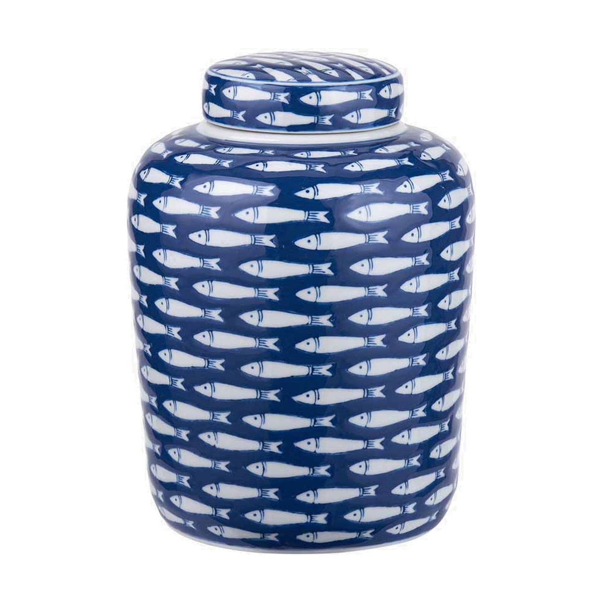 Schoal Blue & White Ceramic Fish Detail Lidded Ginger Jar - 26cm