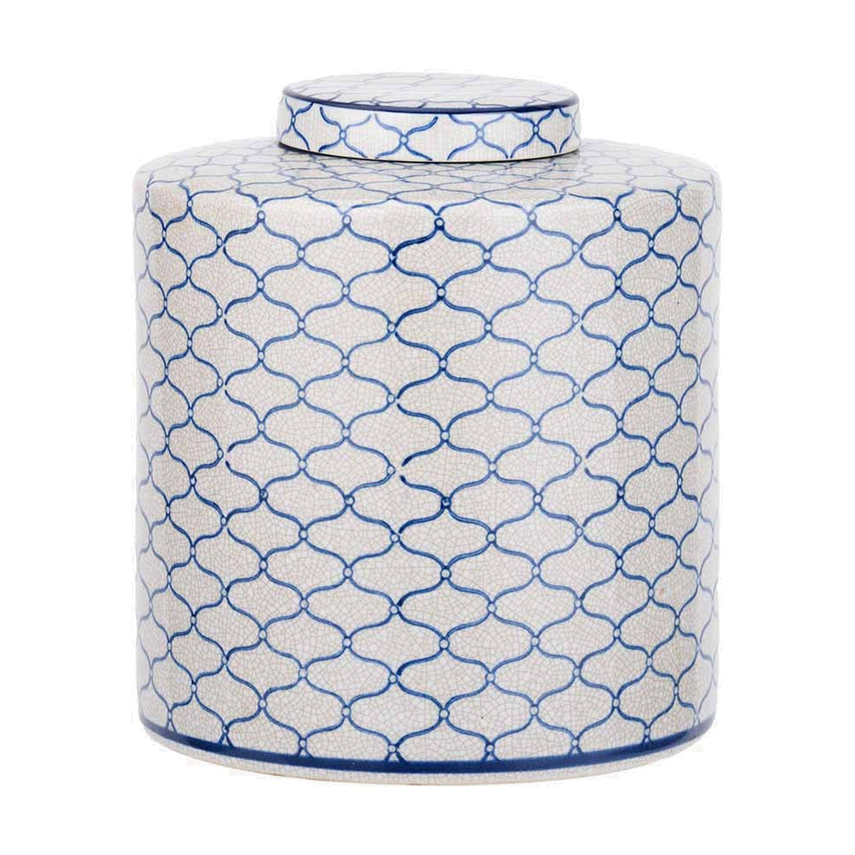 Demetri Grey & Blue Ceramic Lidded Ginger Jar, 24cm, with a trellis lattice pattern and domed lid, shown on a plain white background.