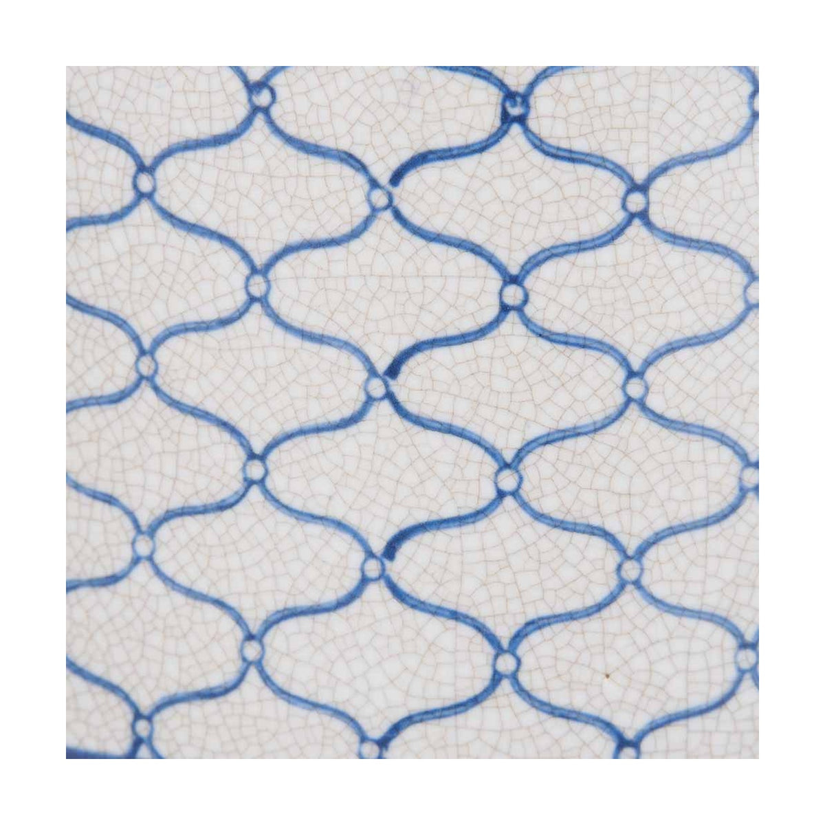 Close-up of a blue and white lattice-patterned ceramic surface with a crackled glaze finish, from the Demetri Grey & Blue Ceramic Lidded Ginger Jar.